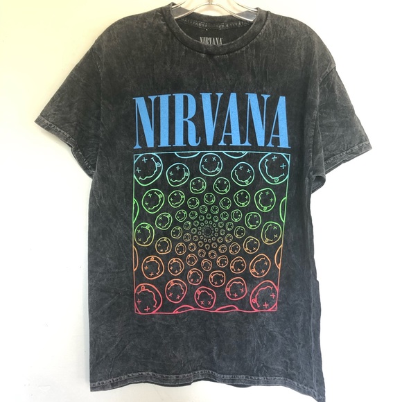 Nirvana Rainbow Smiley Face Black Mineral Wash Tee Graphic T shirt - Picture 2 of 6